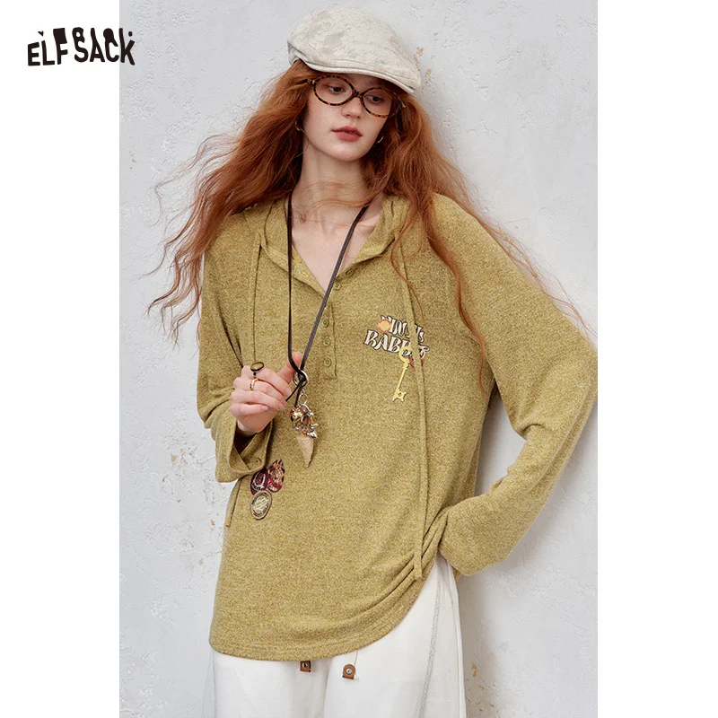

ELFSACK 2025 Autumn New Arrival Casual Soft Hoodie Solid Color Embroidery Long Sleeve Knit Sweater For Woman