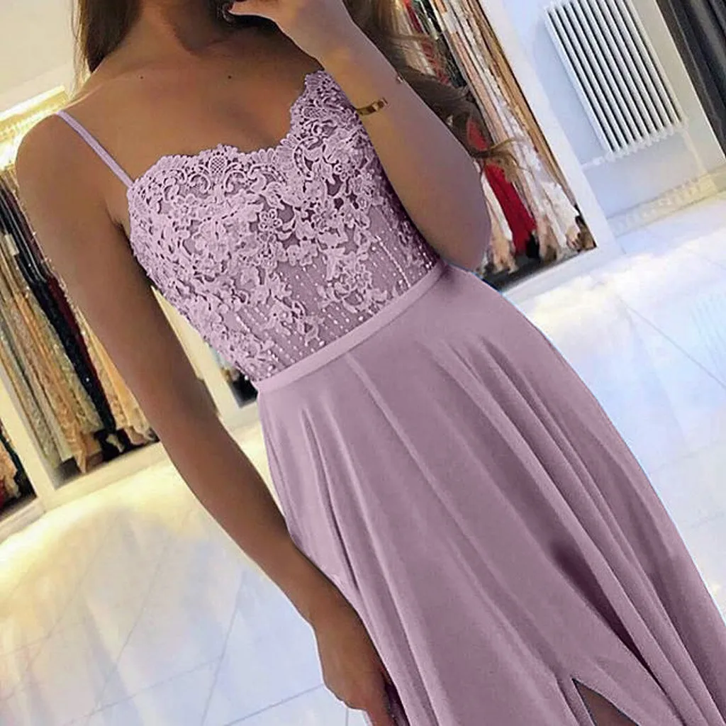 Women's Formal Dresses Solid Color Spaghetti Strap Lace Embroidery Floor Length A-Line Side Slit Party Dress Elegant Prom Dress