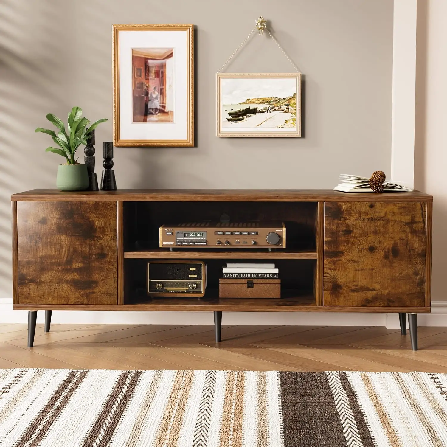 58 Inch Mid-Century Modern TV Stand with Storage, Rustic Brown, Customized