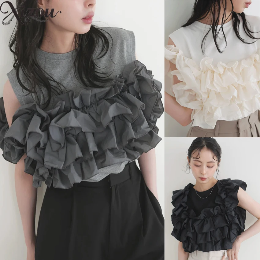 

2025 Summer Japan Sweet Women Top O-neck Ruffles Mesh Sleeveless Vest Casual Loose Hollow Out Breathable Elegant Office Lady