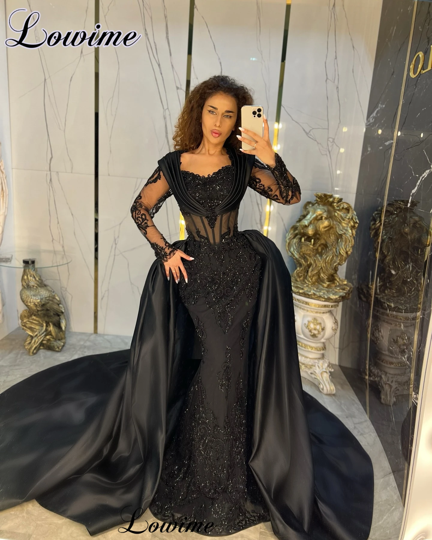 Two Pieces Black Evening Dresses With Detachable Train Formal Occasion Dresses With Long Sleeves Robes De Soirée Customized
