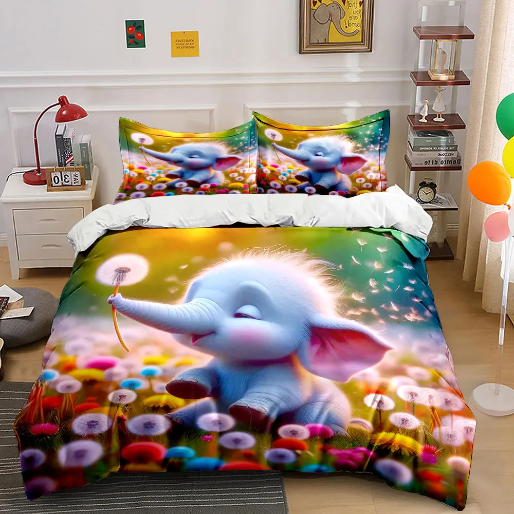 Baby elephant with blooming dandelions Print Bedding Set 1 Duvet Cover 2 Pillowcases for Adult and Children Luxury Gift