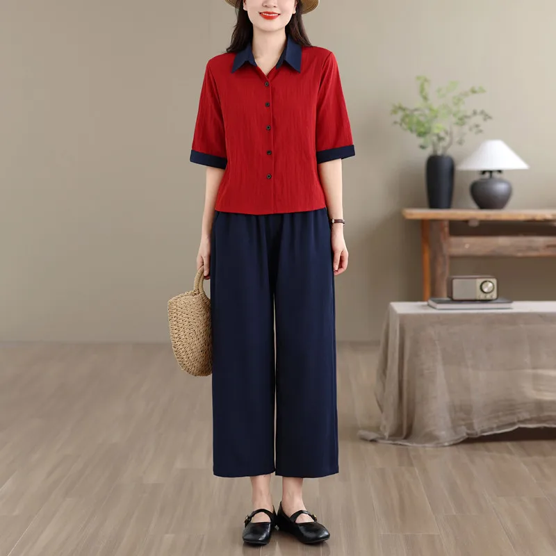 

Fashionable Women's plus Size Summer Outfit Top And Wide Leg Pants Two Piece Set Commute Style Artistic Flipped Collar Short ...