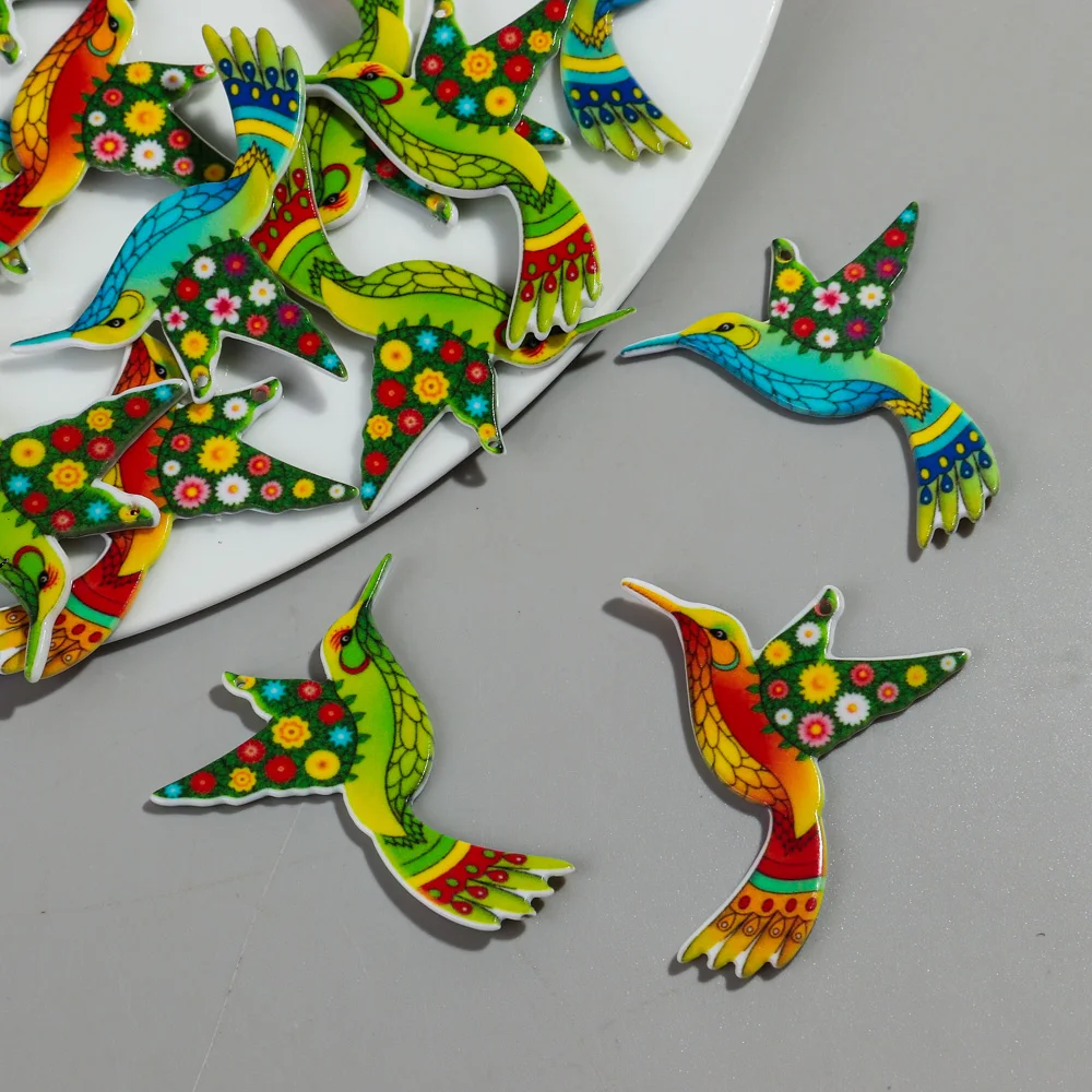 12pcs/lot Colorful Cartoon Hummingbird Acrylic Print Charms Pendants for DIY Jewelry Making Earrings Keychain DIY Accessories