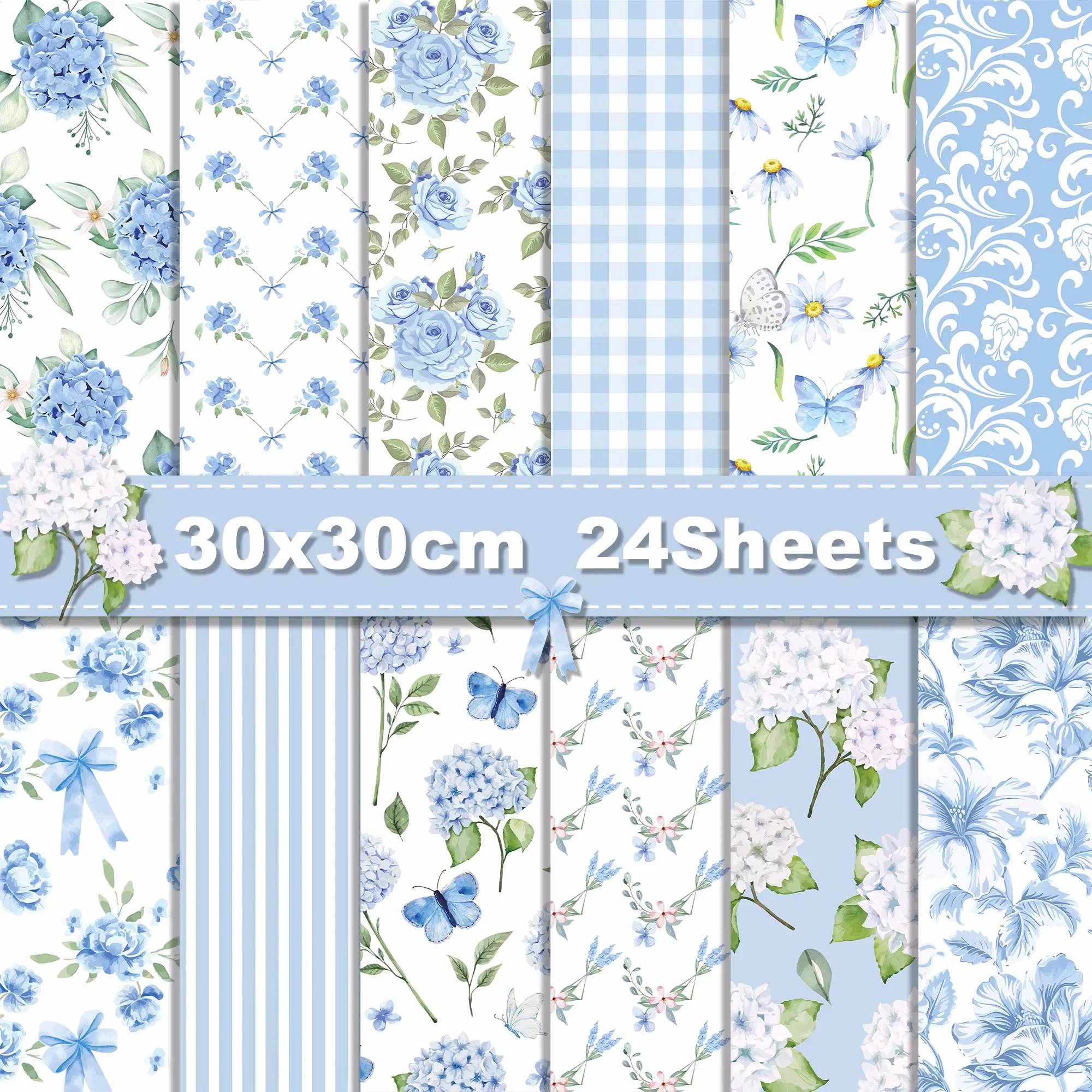 24 Stück blaue Hortensien-Blumen-Scrapbook-Papier, Party-Geschenke, dekorative Verpackung, Bastelpapier, 30 x 30 cm