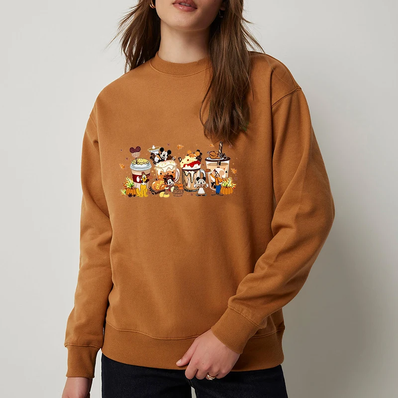 

Новое осеннее поступление, женская толстовка с принтом тыквы и специи Диснея, повседневный пуловер с длинными рукавами и круглым вырезом, топ