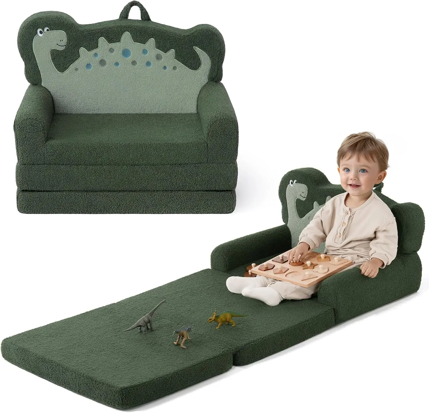 

2-in-1 Kids Couch Convertible to Lounger, Soft Toddler Sofa with Dinosaur Design, Gift for Children's Playroom