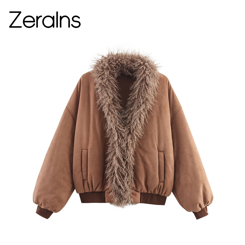 

ZERAINS 2022, осенняя новая женская одежда, хлопковая куртка в европейском и американском стиле из искусственного меха с большим шерстяным воротником