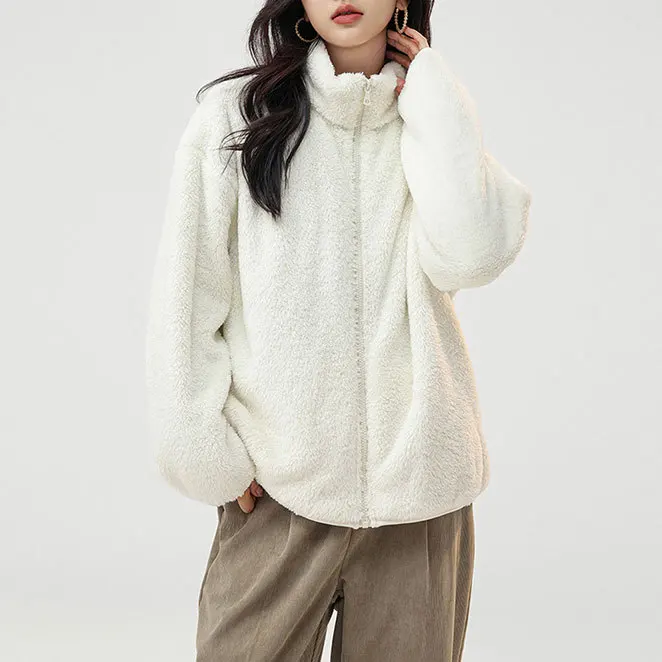 Women Casual Zip Up Fleece Jacket Solid Color Long Plush Polar Warm Zipper Outwears Female  Lamb Wool Jackets With Pockets