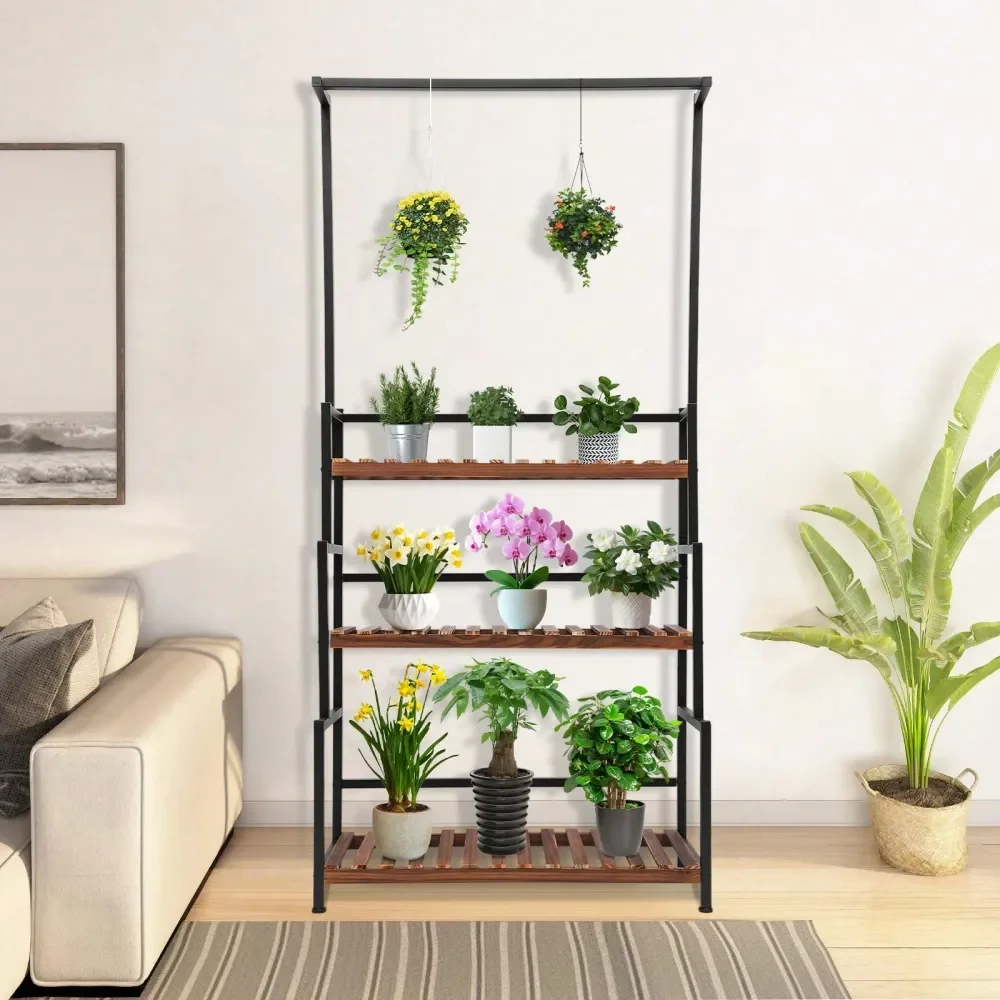 

Plant Stand Indoors And Outdoors, Steel Hanging Plant Shelf For Multiple Flowers, Tiered Planter Holder, Black Metal Plant And