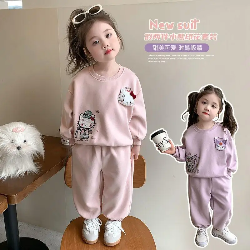 

Sanrios Kuromi 2Pcs Long Sleeve Sweatshirt Suit Cute New Style Cartoon Fashion Print Kids Purple Kawaii Casual Pants Baby Hot