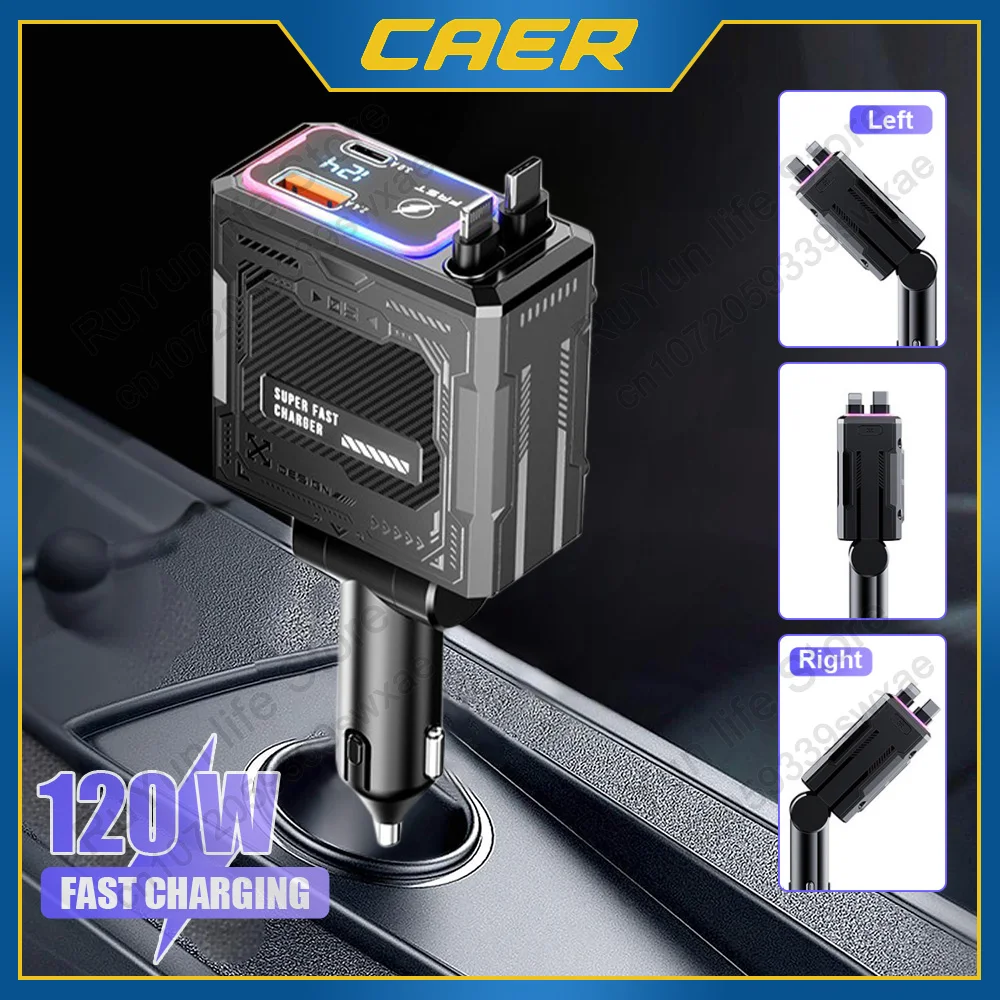 

New 120W Car Charger 4 IN 1 Retractable Cigarette Lighter for iPhone 13 12 Samsung Fast Charging Adapter with RGB Ambient Light