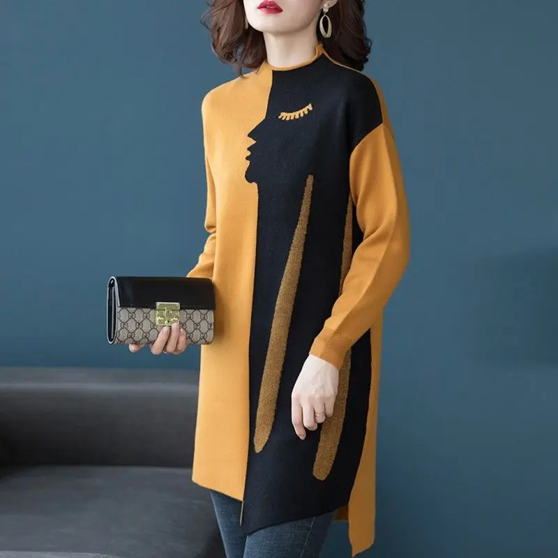 Sweater wanita kerah tinggi, atasan lengan panjang longgar kasual mode Herringbone, kerah setengah tinggi, musim gugur, musim dingin, 2024