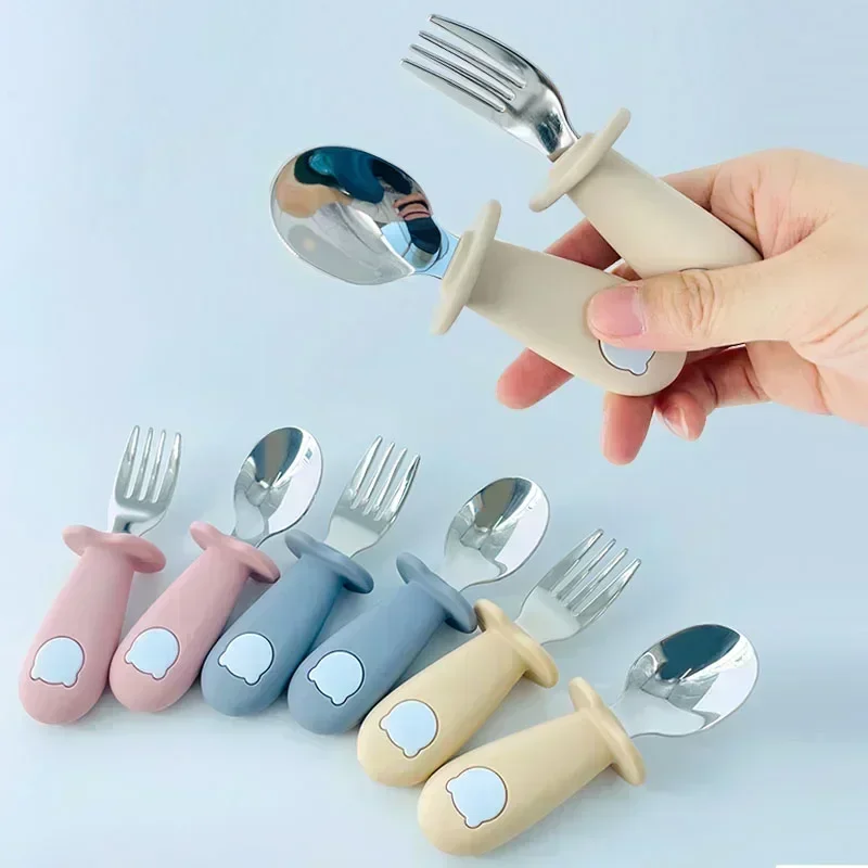 Juego de vajilla de dibujos animados para bebé, utensilio para niños, vajilla de acero inoxidable para niños pequeños, cubiertos, cuchara de alimentación de comida infantil de dibujos animados, tenedor