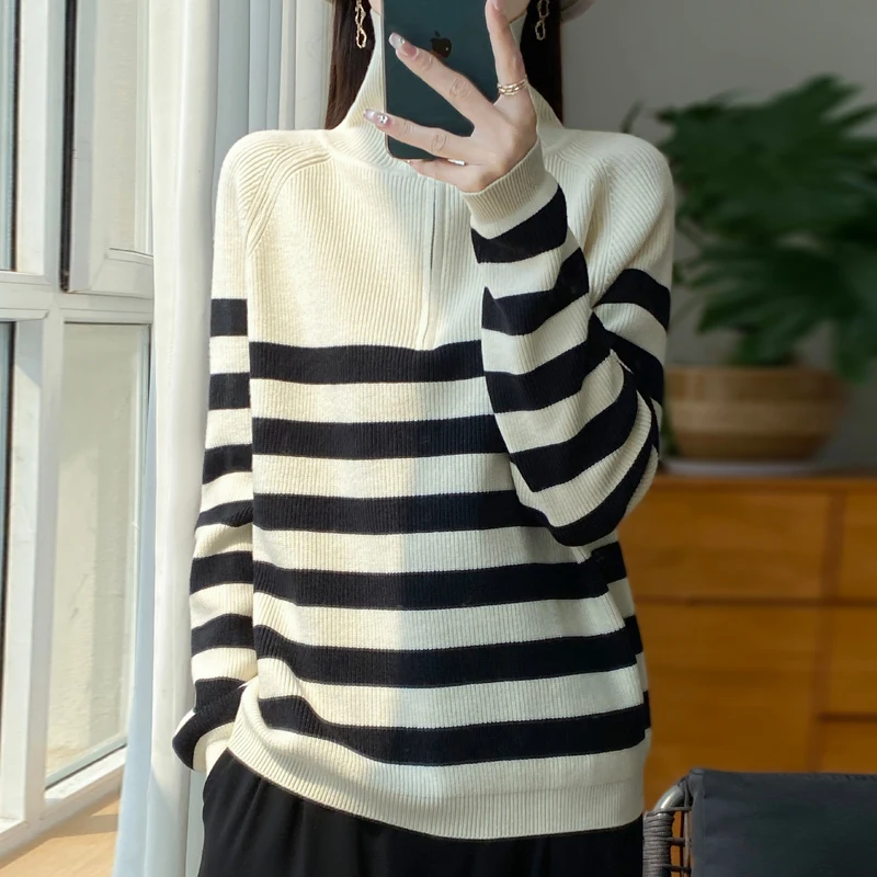 Vrouwen Merinowollen Trui Halve Rits Polo Kraag Trui Herfst Winter Mode Truien Streep Kleding Lange Mouw Basic Tops