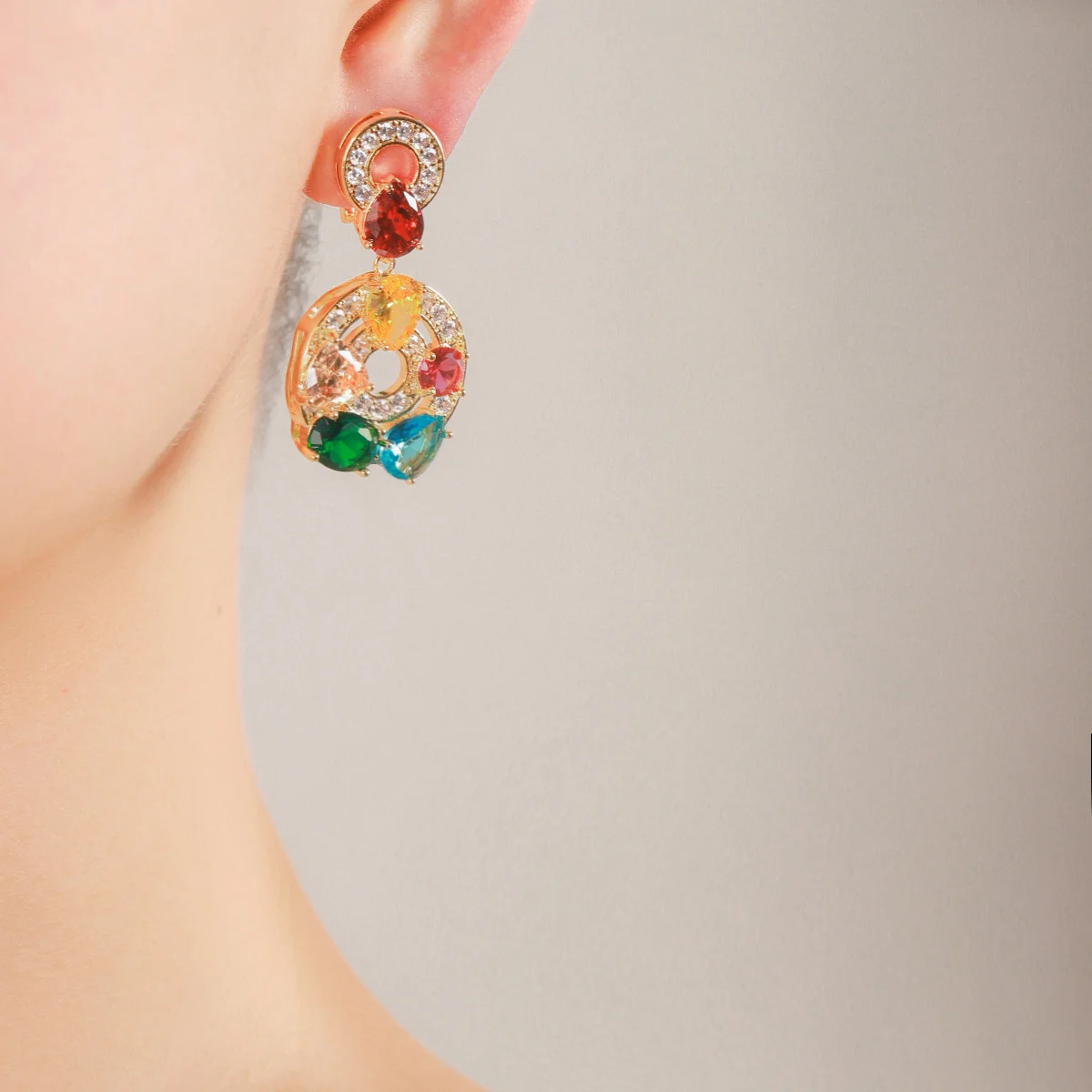 

Gold Tone Multi-Color Gemstone Circular Drop Earrings with CZ Halo, Women's Vibrant Statement Jewelry