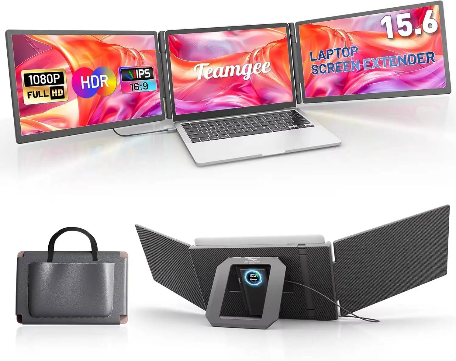 

Удлинитель экрана ноутбука Teamgee 15,6 дюйма с блоком питания, HDMI/USB-A/C с одним кабелем Plug-Play FHD 1080P IPS, тройной портативный