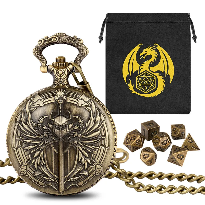 

Steampunk Paladin Pocket Watch Case Pendant Chain with 7pcs Mini Metal Polyhedral Dice Set Board Game Accessory Dragon Gift Bag