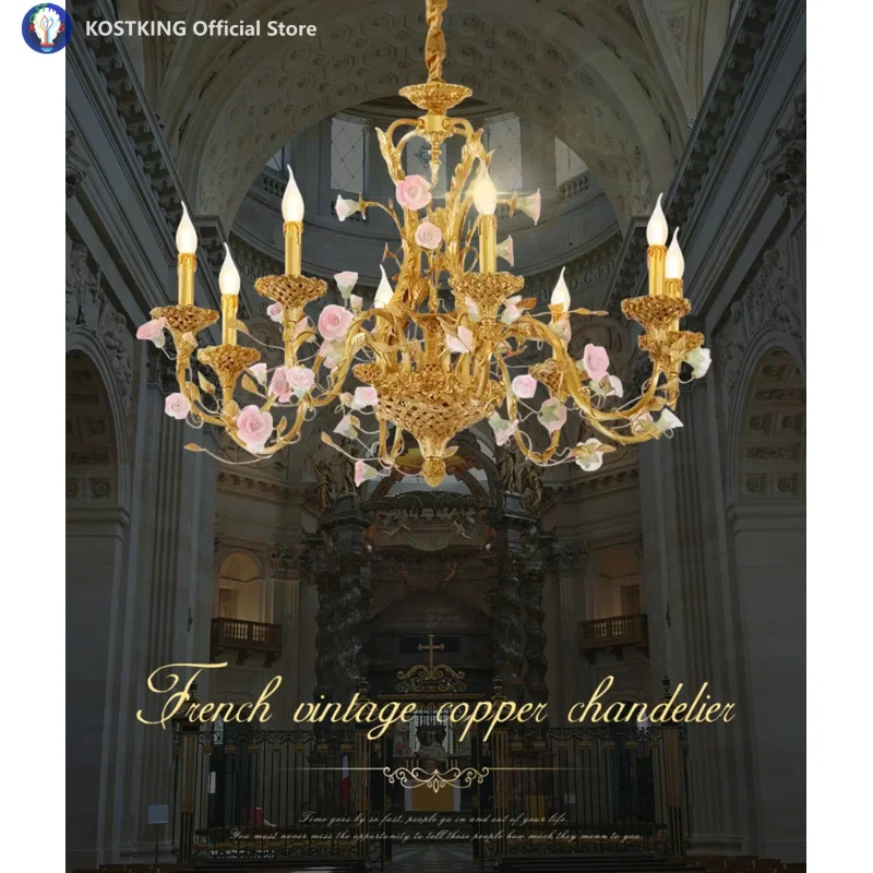European Golden Copper Pendant Light Wedding Decor Living Dinning Room French Pastoral Brass Ceramic Flowers Chandelier