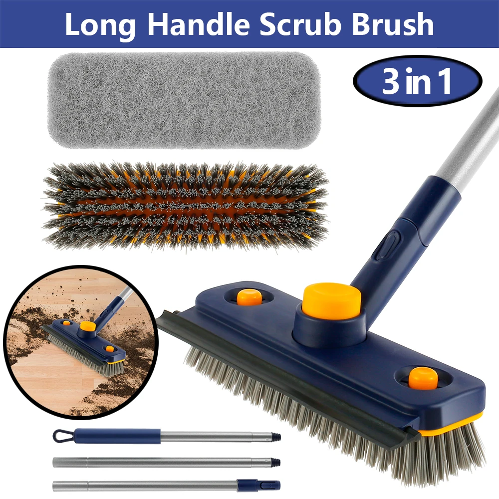 Long Handle Scrub Brush Multifunctional 360° Rotatable Non-Scratch Bathtub Scrub Brush 3 in 1 Extendable Bathroom Cleaning Brush