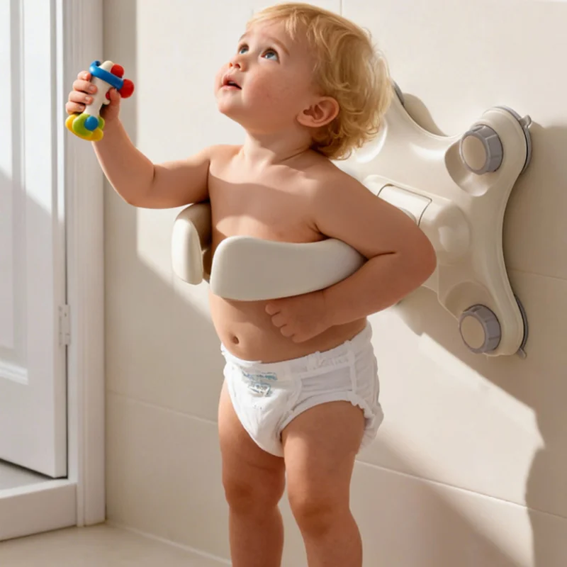 Suction cup wall-mounted baby bath stand for children over 6 months old, adjustable for bathing and showering. Baby bath stand