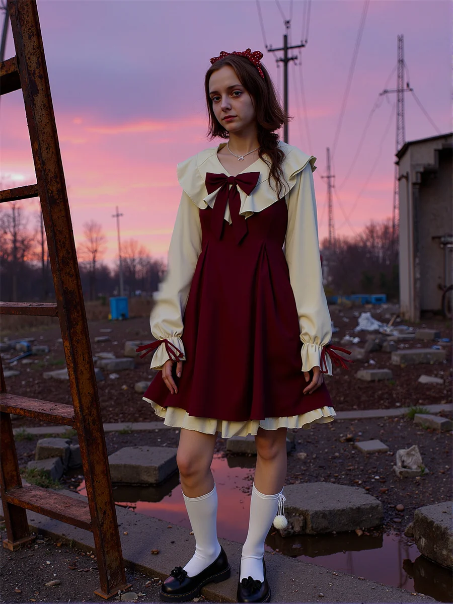 فستان نسائي للفتيات على الطراز الكوري أنيق بحافة منتفخة وربطة عنق وتفاصيل أمامية وخلفية وخصر لطيف جميل وحلو أنثوي جرلي #4