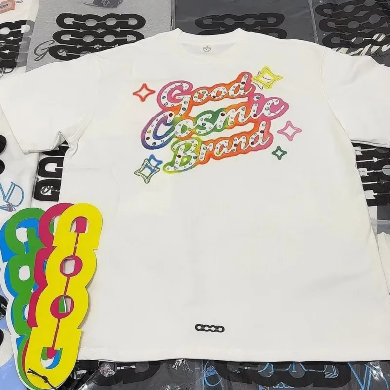 Colorful Spray Paint Rhinestone Letter Logo Breathable Cotton Round Neck Short Sleeve GOODBRAND Tshirt Summer Men Women Outfit