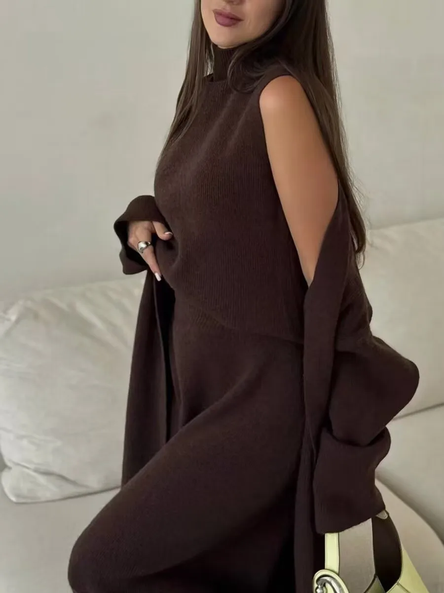 Модный вязаный кардиган, юбка, свитер, футболка, комплект Ele, осень-зима, теплый длинный свек f, цвет с высоким воротником