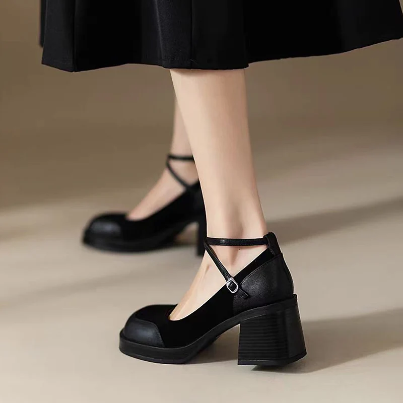 Retro Cross Buckle Mary Janes shoes Women's Chunky High Heels Woman Trendy Ankle Strap Party pumps Office Shoes Zapatos De Mujer