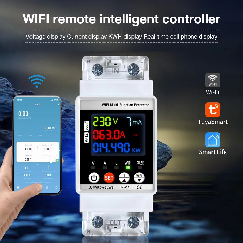 

Tuya WiFi Automatic Reclosuring Protector 63A Electric Meter Intelligent Circuit Breaker Voltage Current Leakage Protective