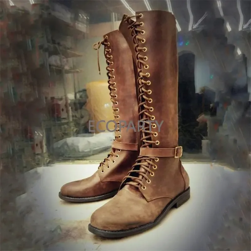

Medieval Steampunk Boots Man Women Viking Pirate Cosplay High Tube Low Heel Lacing artificial pu Shoes Halloween Party Costume