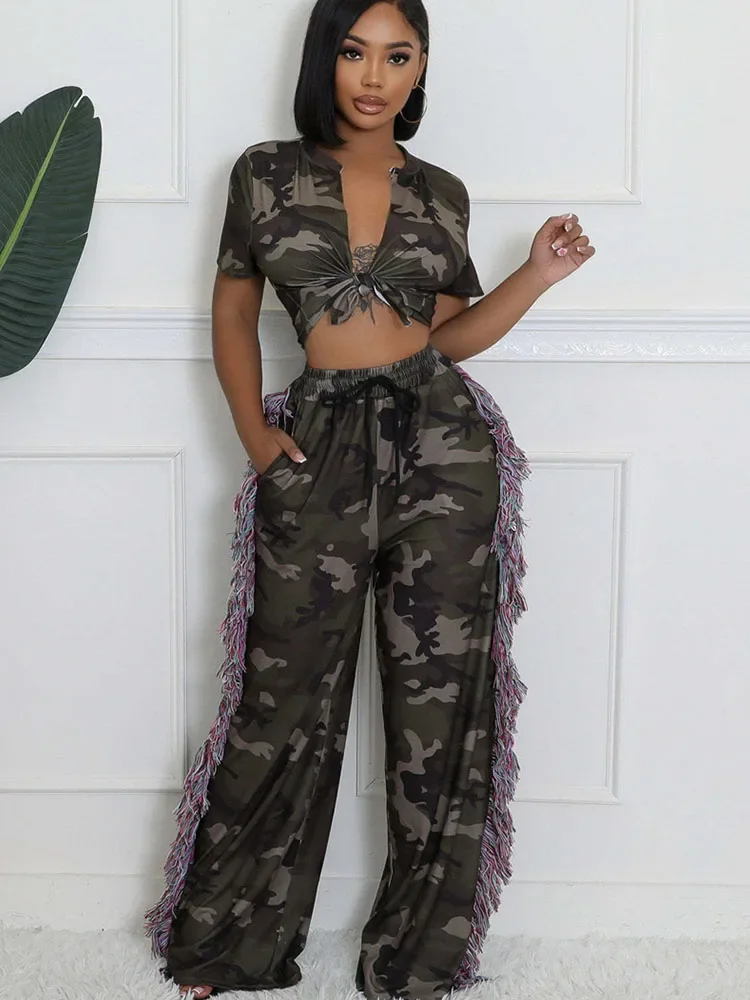 Camouflage Printing Two Piece Set Women Outfit 2024 Streetwear Lace-up Crop Top and Side Tassel Wide Leg Pants Matching Sets