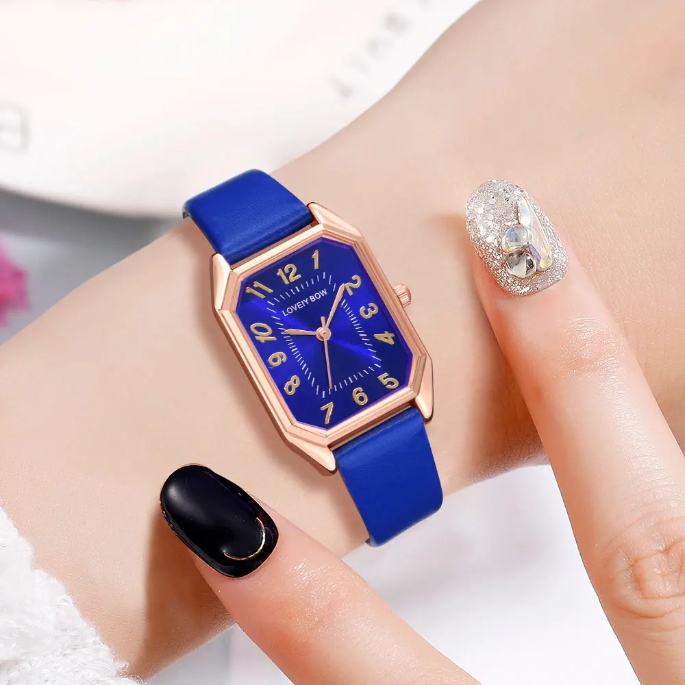 5PCS/Set White Women Watch Fashionable Blue Elements Dial Quartz Wristwatch Leather Strap Watch Jewelry Set Gift For Her