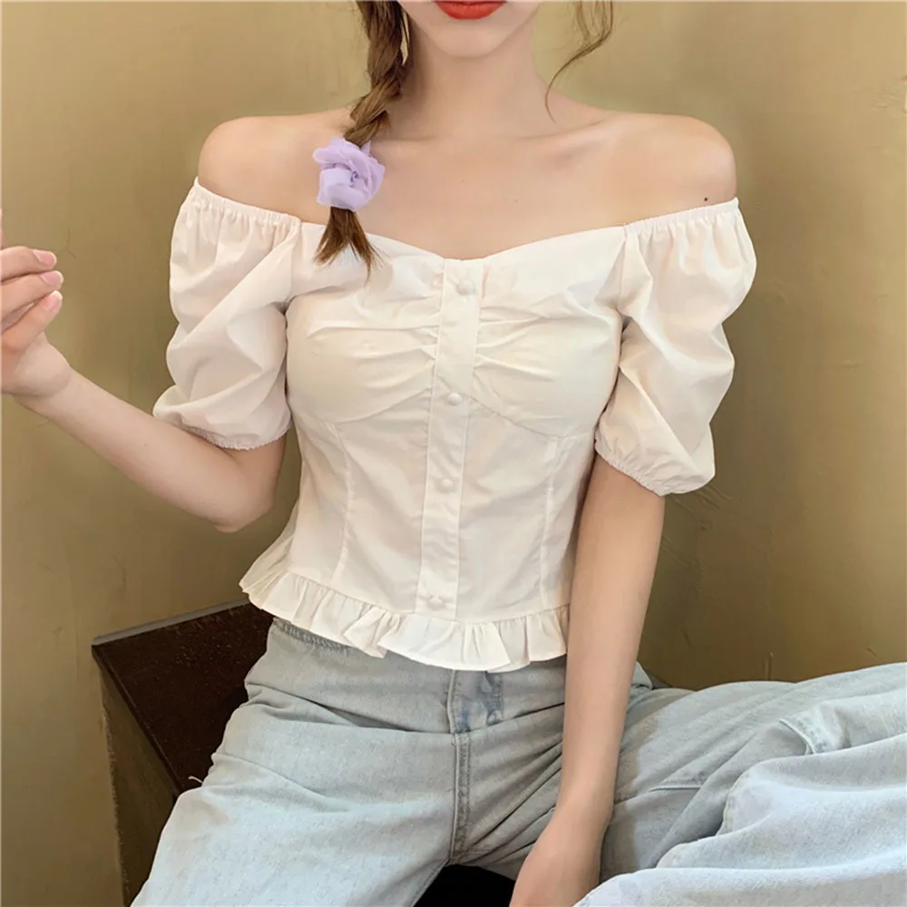 French Style Ruffle Blouse Vintage Square Neck Shirts And Blouses Ladies Fashion Sexy Short Tops Women Slim Blusas Para Mujer