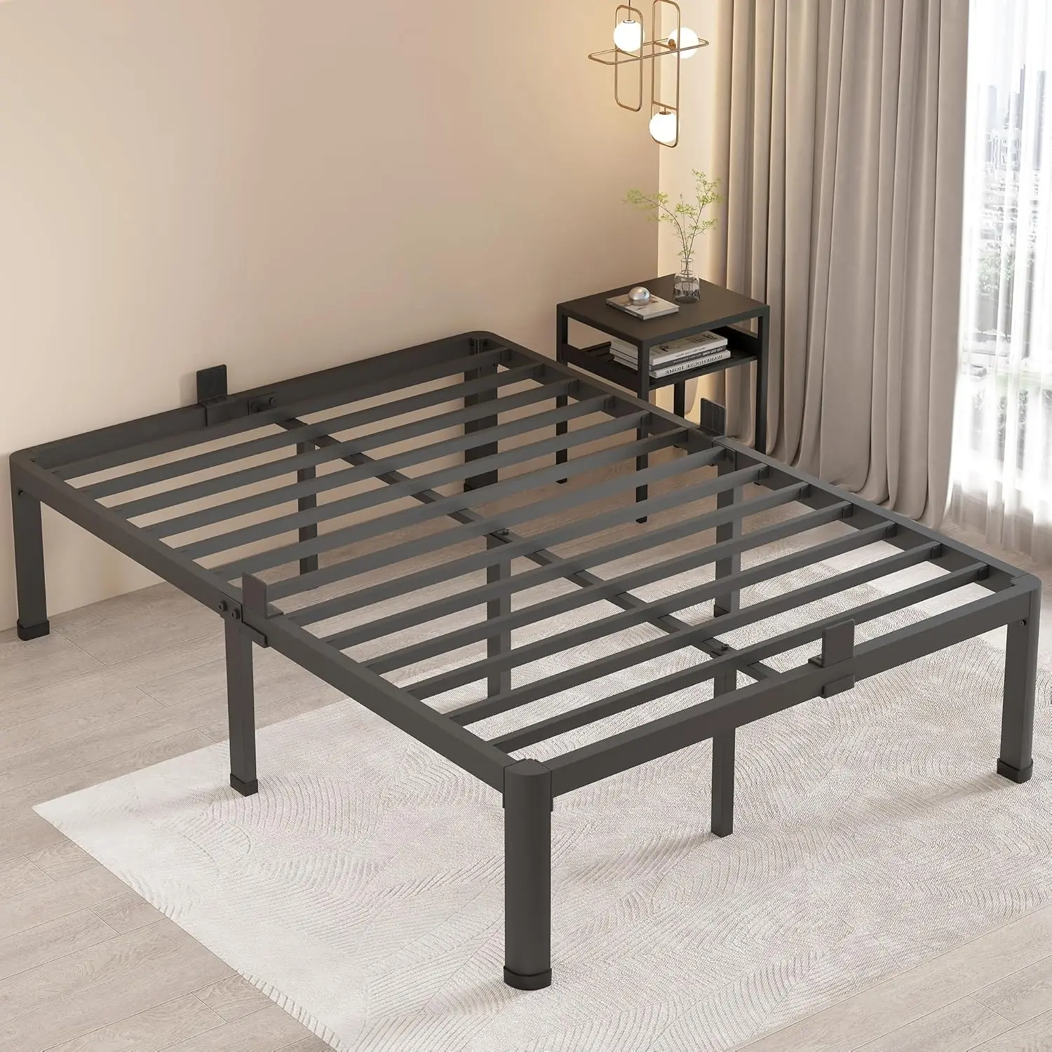 Marco de cama de tamaño completo de 18 H con patas de esquina redondas, tapón deslizante, No necesita somier, marcos de cama con plataforma de Metal resistente