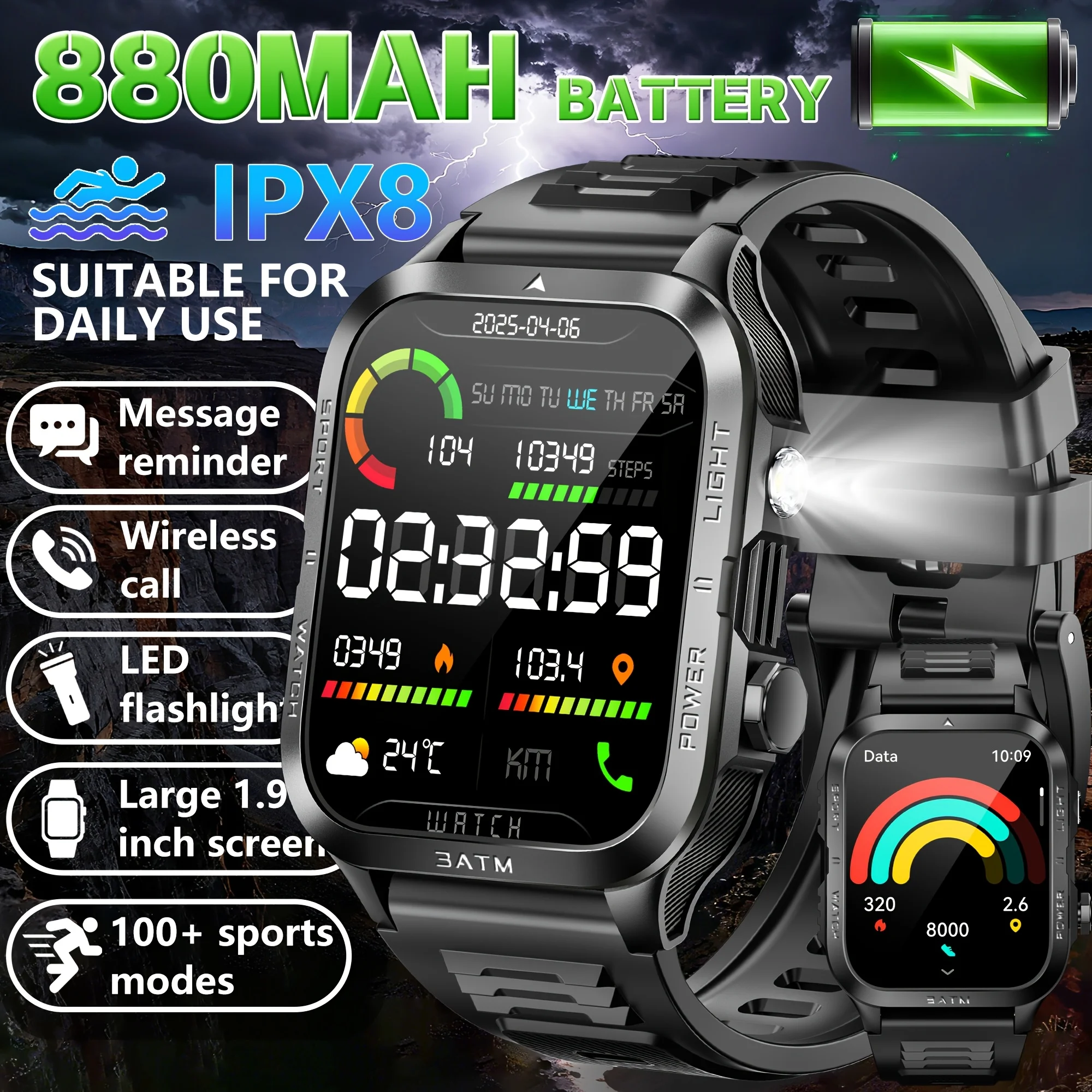 

2025 New Men Military Outdoor 880mAh Battery Smart Watch NFC Watches 3ATM Waterproof Swim 1.96-inch HD Bluetooth Call Smartwatch