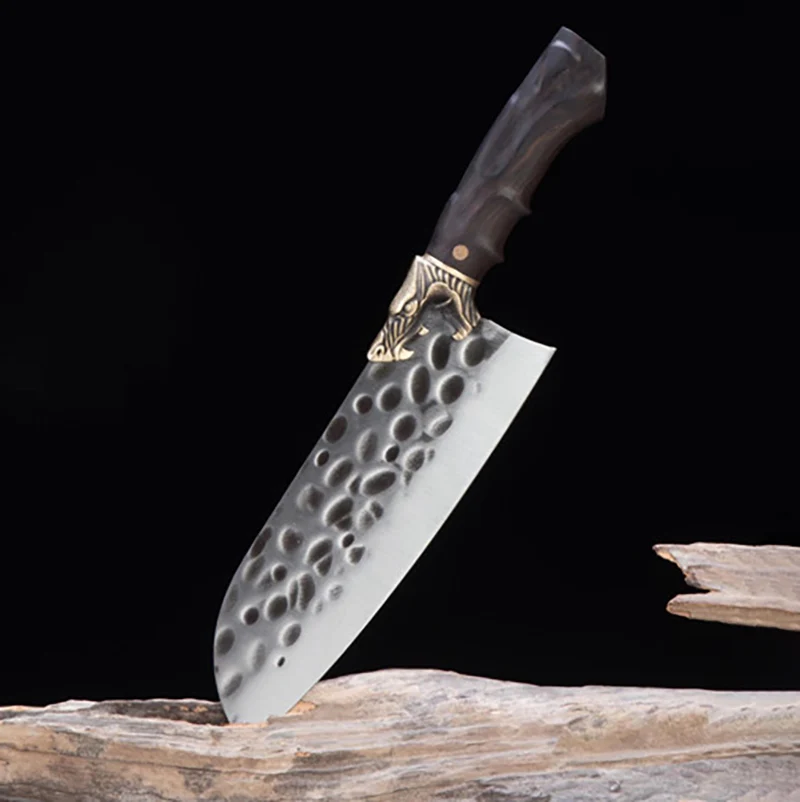 

7,5-дюймовый нож Santoku с медным декором, ручка из черного дерева, тесак для шеф-повара, нарезка мяса, овощей, барбекю, кованый кухонный острый нож ручной работы