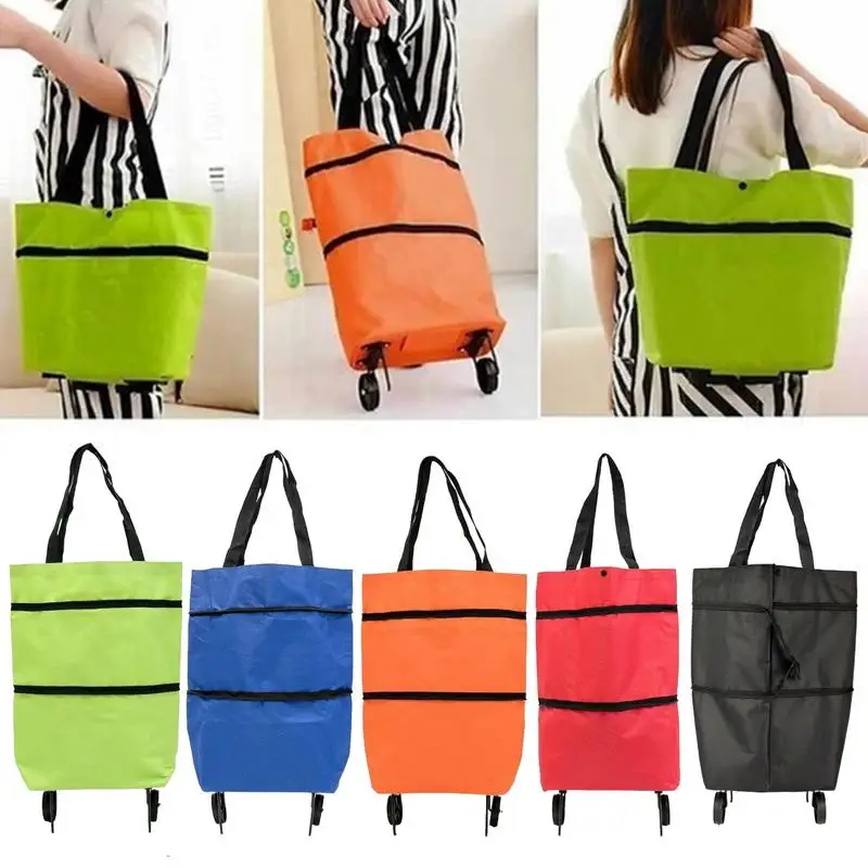 

Foldable Supermarket Tug Bag with Wheel 2 In 1 Large Capacity Pull Cart Reusable Waterproof Shopping Bags Household Supplies