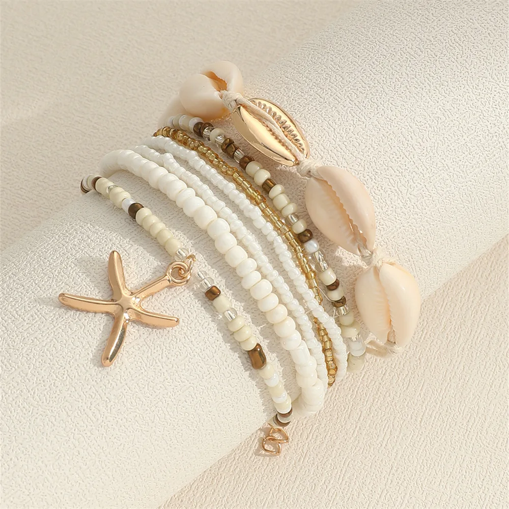 7 PCS Beach Style Shell Charms Rope Bracelet Seed Bead Strand Bracelet For Women Ocean Summer Stackable Bracelets