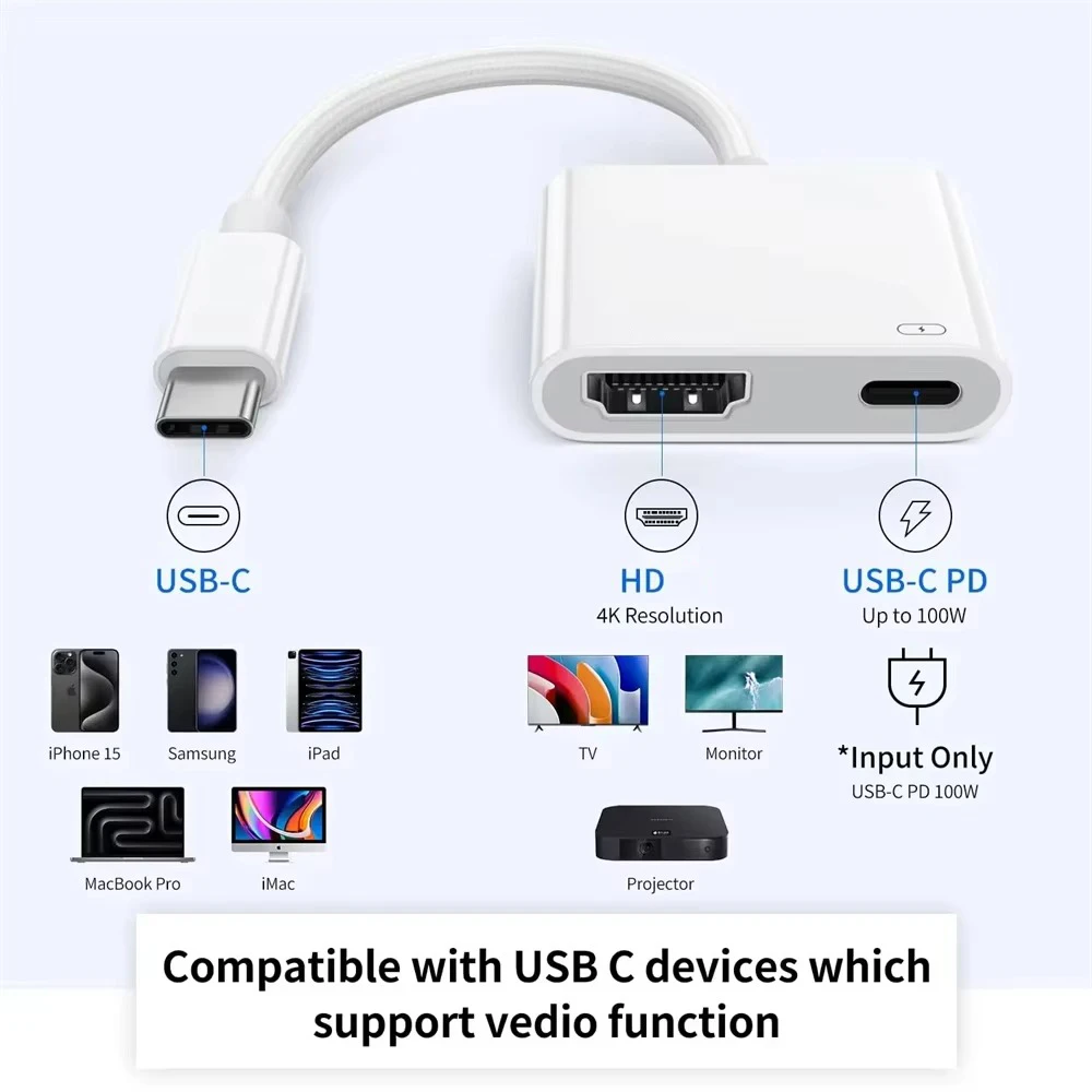 2 IN 1 Type C HUB To HDMI-Compatible Cable Adapter Splitter USB C 4K PD 60W Fast Charging For iPhone 15 MacBook Samsung