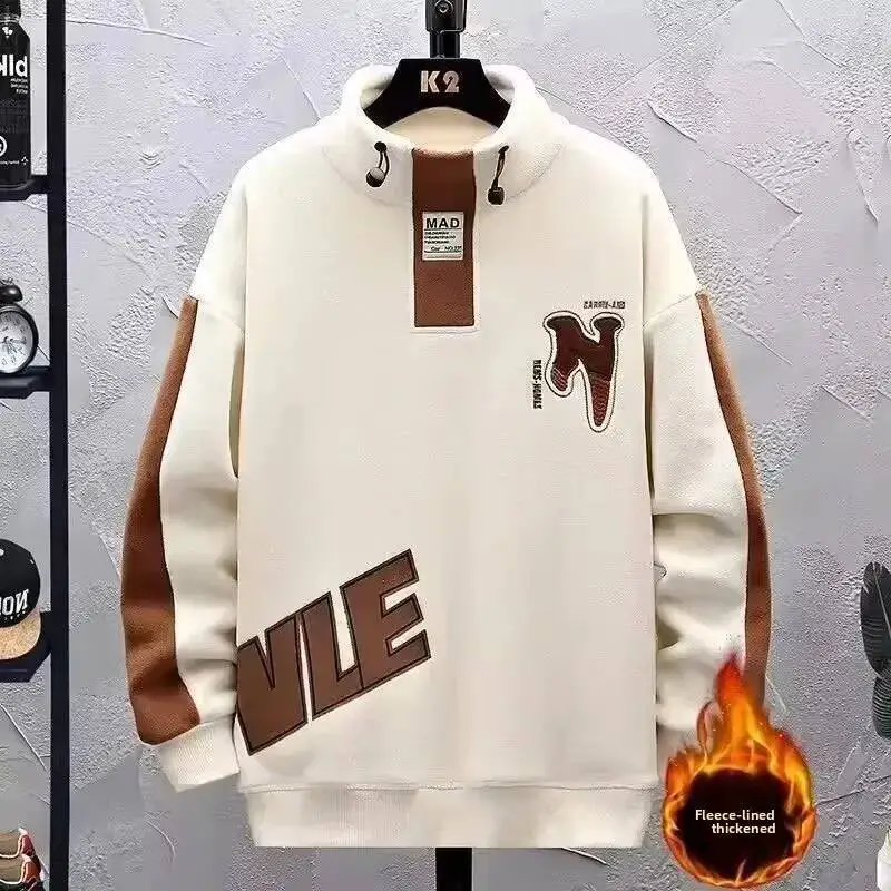 

Casual Thickened Half High Patchwork Hoodie Men's Autumn Winter Fashion Brand Fleece Stand Collar Jacket Top