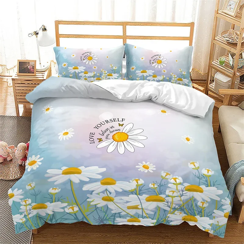 Daisy Flowers Duvet Cover 3D Botanical Floral Bedding Set Lavender Comforter Cover Full King For Kids Teen Adults Bedroom Decor