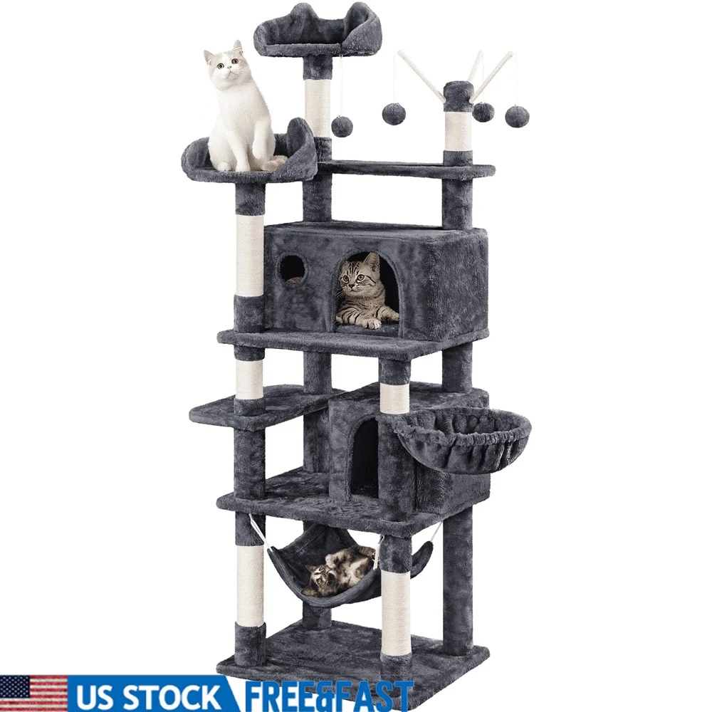 Multi-Level Cat Tree Tower with Cat Condos Hammock Removable Teaser Balls Durable Sisal Plush Covering Safe Stable Design 67