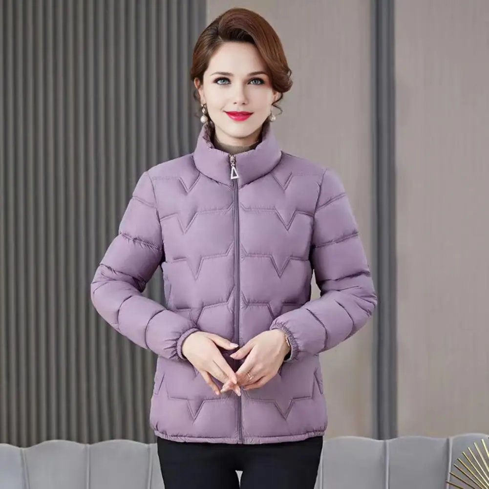 Winter Women Cotton Jacket Solid Color Stand Collar Zipper Closure Cotton Coat Autumn Winter Thickened Quilted Outwear