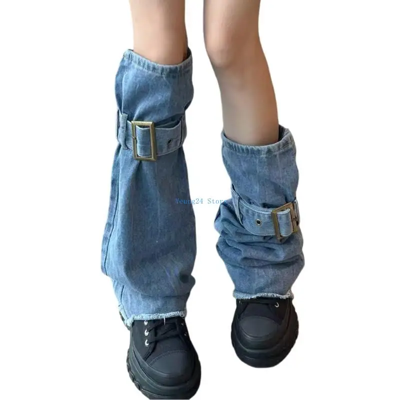 P8DB Women Punk Leg Warmer with Buckled Harajuku Washed Jeans Blue Leg Sleeve Socks