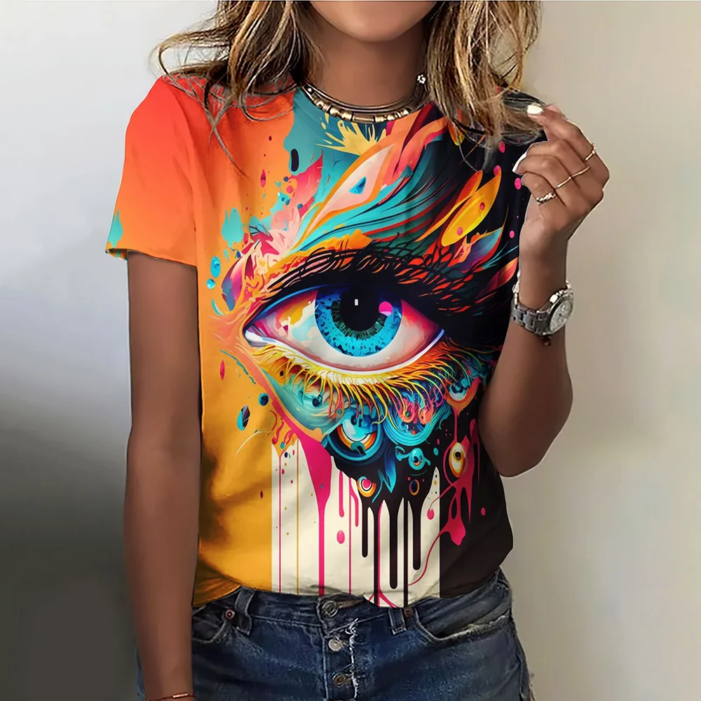 Kleurrijke Ogen Print Dames T-Shirts Fashion Top Korte Pullover Mouwen Met O-hals T-Shirt Dames Harajuk Polyester Kleding 2024