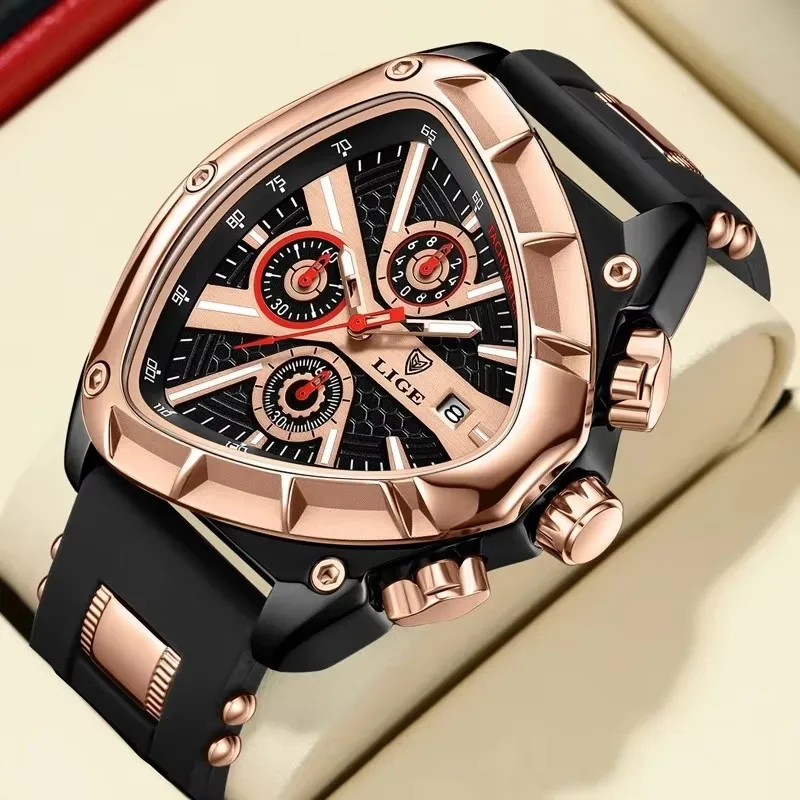 

LIGE Новые мужские часы Creavtive Triangle Кварцевые наручные часы Светящиеся указатели Военные часы с резиновым ремешком Мужские водонепроницаемые часы