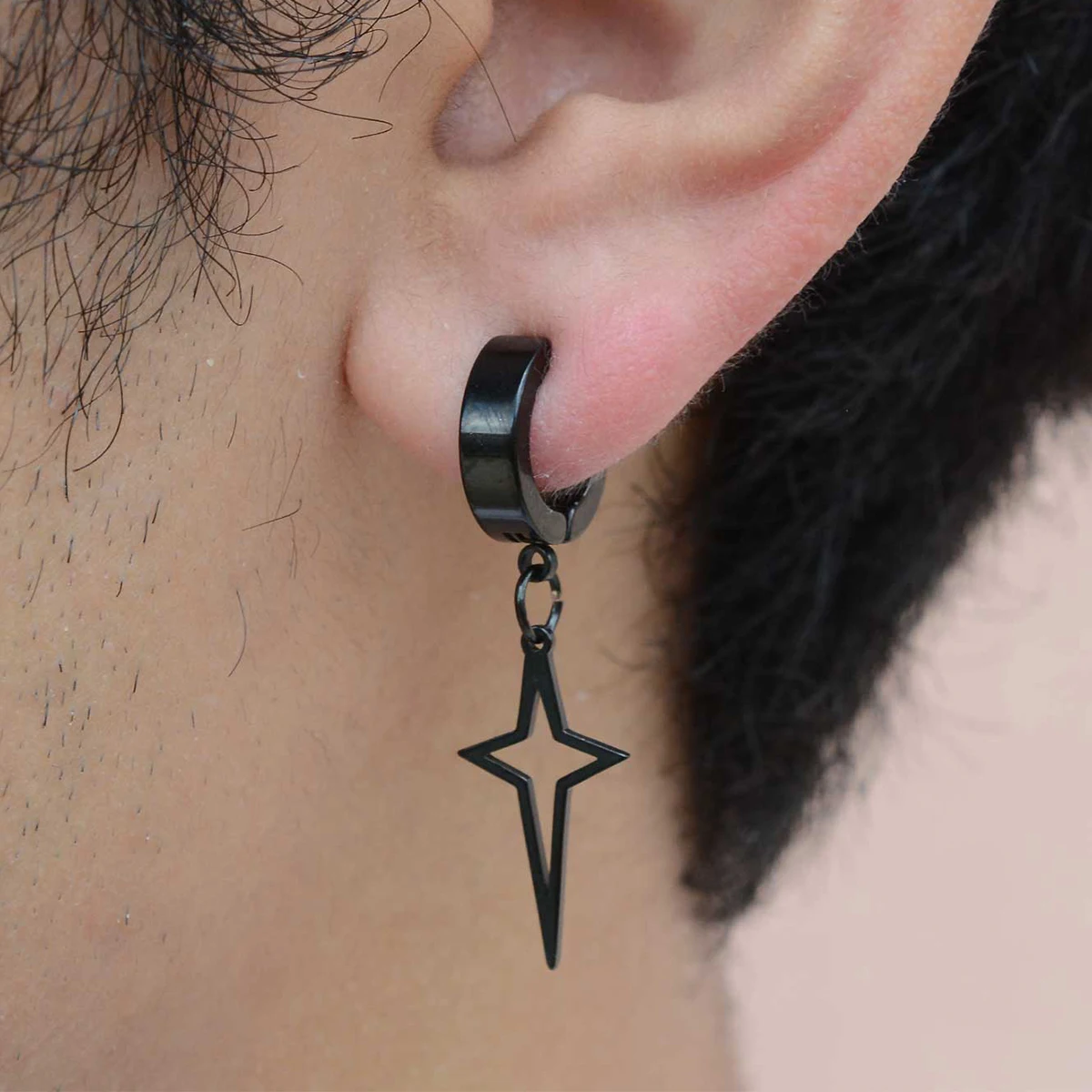 1Piece Stainless Steel Punk Man Clip on Earrings Geometry Pendant Dangle Fake Piercing Hoop Huggies Earrings Women Black Gothic