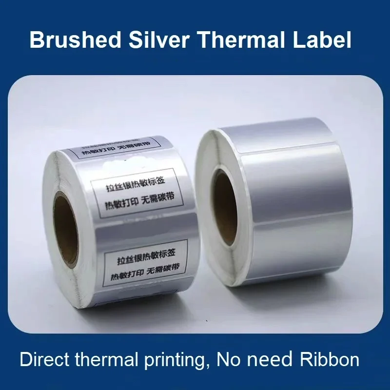 

Brushed silver thermal label paper small roll Tear resistant 30 40 50 60 70mm metallic barcode sticker for cosmetic