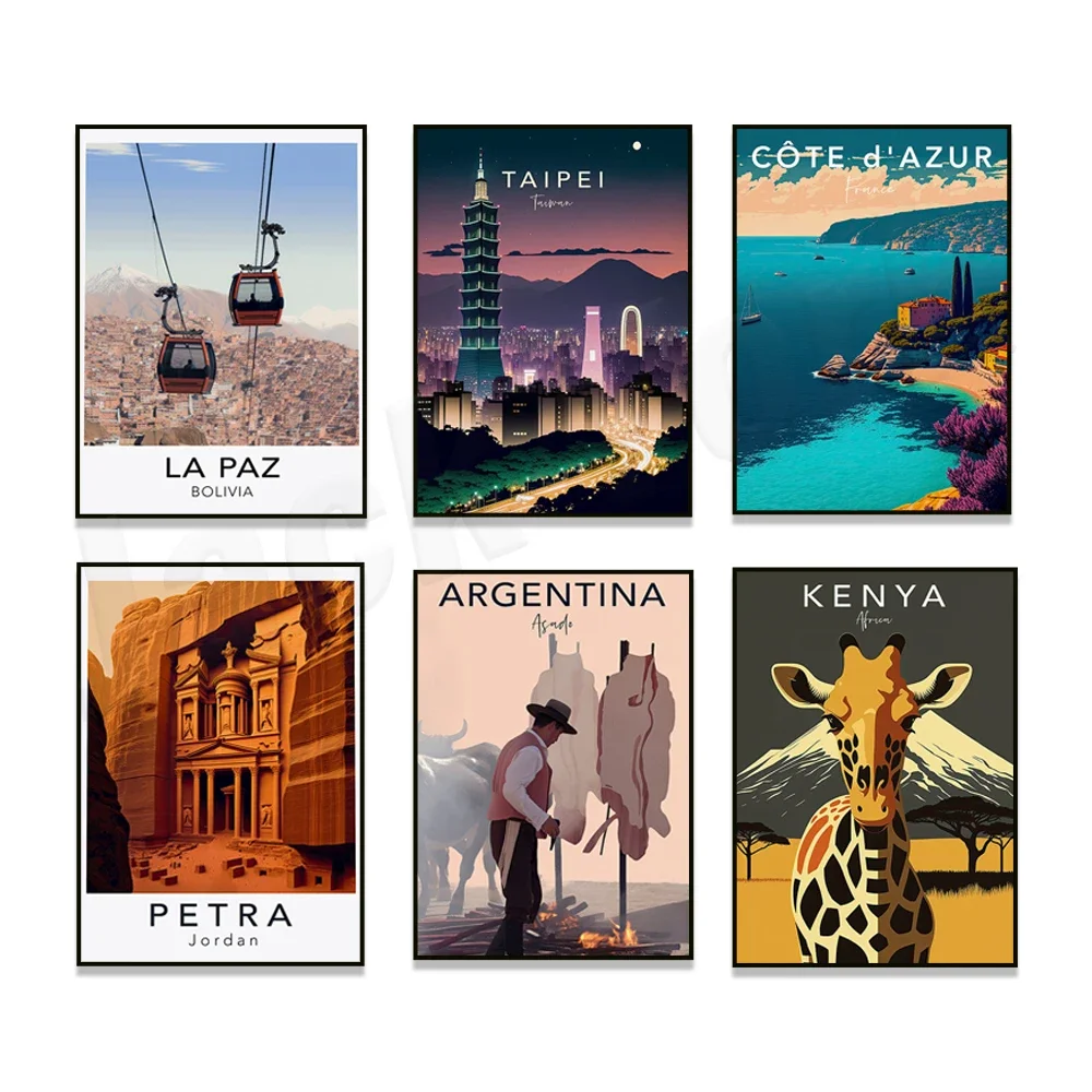 Paris, Singapore hotel port, Argentina, La Paz, Mallorca, Kenya, Mallorca, Maldives, Istanbul, Cote d'Azur travel poster print